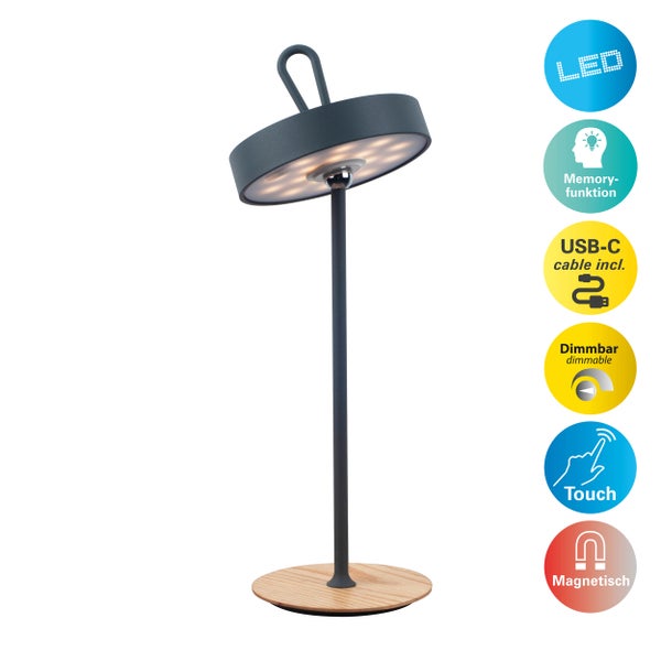 LED Tischleuchte mit Holzfuß, dimmbar und magnetisch