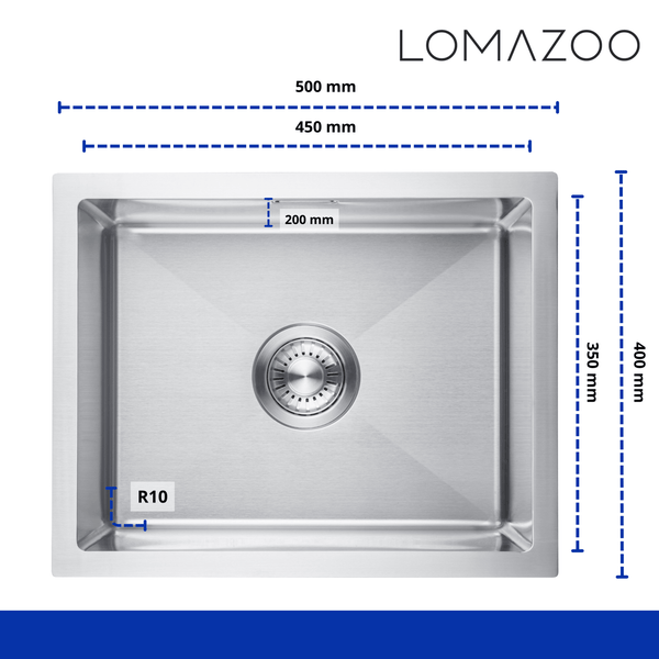 Lomazoo Edelstahl Einbauspüle mit Maßangaben 500 mal 400 Millimeter für die Küchenspüle