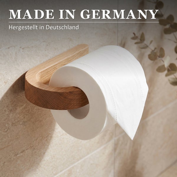 Toilettenpapierhalter aus Holz für die Wandmontage mit Toilettenpapierrolle und Herkunftsnachweis Made in Germany