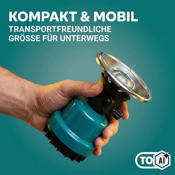 Kompakter und mobiler Campingkocher von Tom für unterwegs in der Hand gehalten.