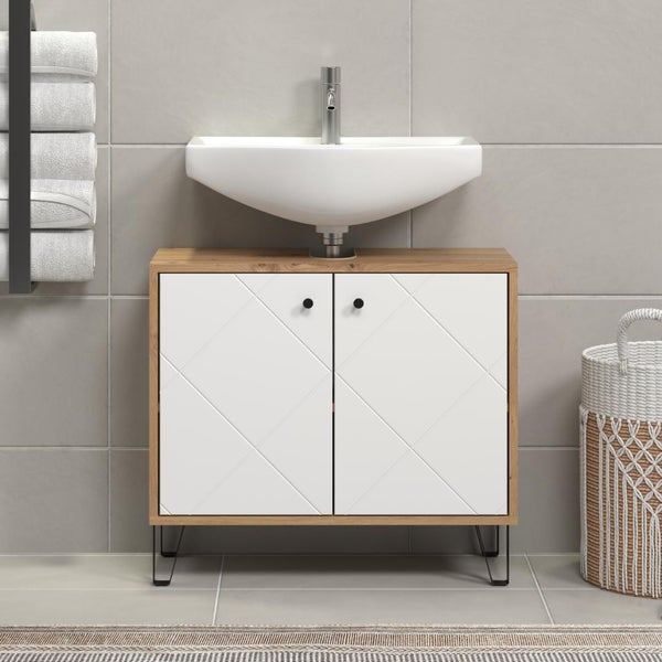 Waschtischunterschrank mit Waschbecken, zwei Türen und Metallbeinen im Badezimmer