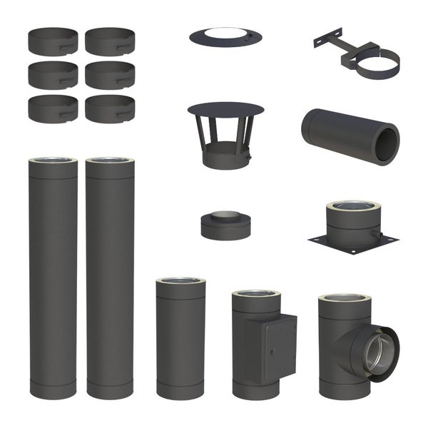 Set aus doppelwandigen Edelstahlschornstein-Bauteilen in Schwarz, inklusive Rohren, T-Stück, Wandhalterung und Regenhaube.