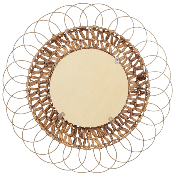 Rückseite eines runden Wandspiegels mit Rahmen aus Wasserhyazinthe und Metall