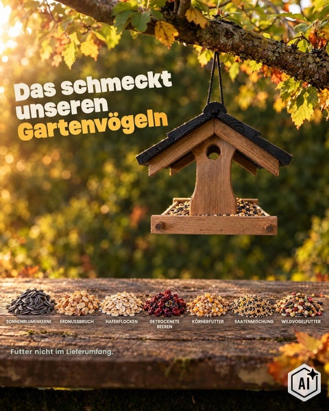Ein hölzernes Vogelhaus hängt in einem Baum über verschiedenen Sorten von Vogelfutter, die auf einem Holztisch in einer Gartenumgebung liegen.