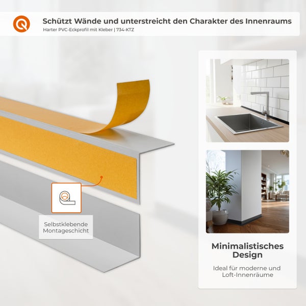Quest Logo. Minimalistisches, selbstklebendes Eckprofil aus hartem PVC mit abgezogener Schutzfolie für die Montage an Wänden und Ecken in Innenräumen.