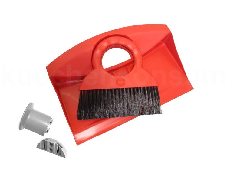 Hailo Handbesen und rote Kehrschaufel mit schwarzen Borsten und grauen Montagezubehörteilen.