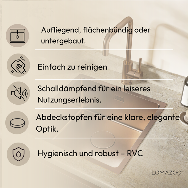 Infografik zur Lomazoo Küchenspüle mit Vorteilen wie einfache Montage, Reinigung, Schalldämmung, Abdeckstopfen und robuster Materialbeschaffenheit.