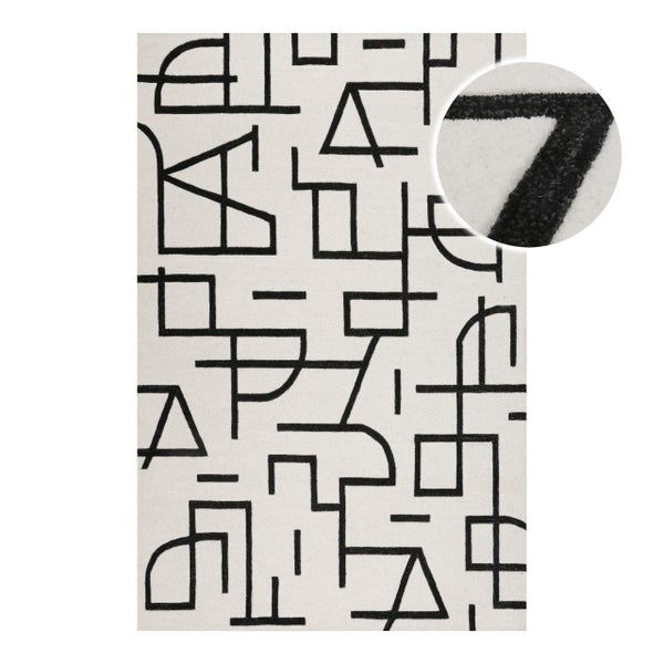 Rechteckiger Teppich mit abstraktem geometrischem Linienmuster und Detailansicht der Textur.