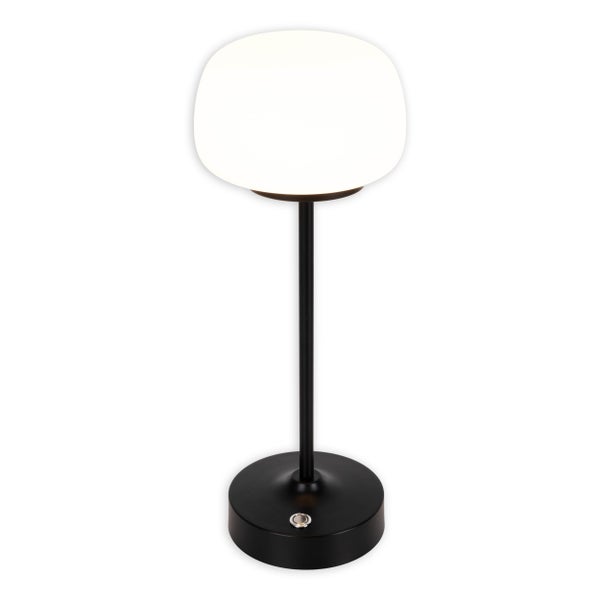 LED Akku-/ Tischleuchte PINA 30 cm hoch, aus Metall (schwarz) und Glas (weiß), integrierte LEDs, warmweiß