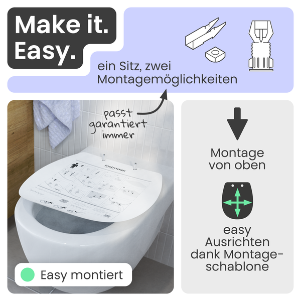 Toilettensitz mit zwei Montagemöglichkeiten und einfacher Ausrichtung dank Montageschablone