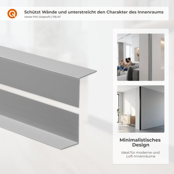 Harter PVC-Eckprofil in Grau für Wandschutz und Innengestaltung, Detailansicht und Montagebeispiele in modernen Wohnräumen.