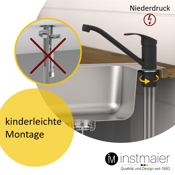 instmaier Niederdruck Küchenarmatur K1 | 360° schwenkbar | Wasserhahn Küche | Spültischarmatur Schwarz Matt | mit Zentralverschraubung