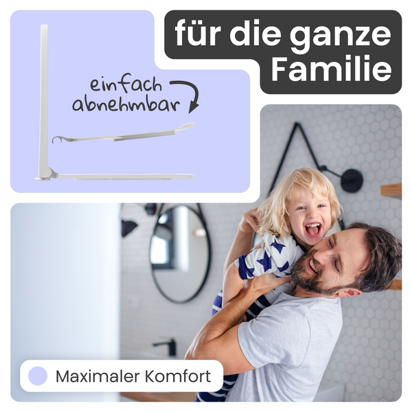 Bild mit dem Text 'Für die ganze Familie', 'Einfach abnehmbar' und 'Maximaler Komfort' und einer abnehmbaren Toilettenbrille