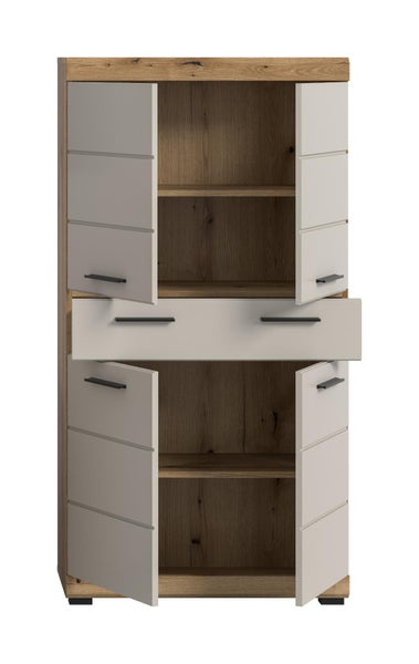 Modernes Badezimmermöbel-Set in Holzoptik mit matten Fronten, Hochschrank, Spiegelschrank, Waschbeckenunterschrank und Kommode.