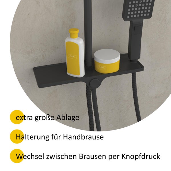 instmaier Duschsystem DS4 | Extra große Regendusche | Regendusche mit großer Ablage | Duschset Schwarz Matt | Handbrause mit 3 Funktionen