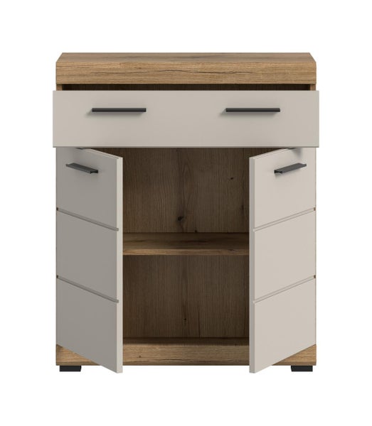 Badezimmerschrank mit Maßangaben: Höhe 88 Zentimeter, Breite 74 Zentimeter, Tiefe 31 Zentimeter. Mit einer Schublade und zwei Türen.