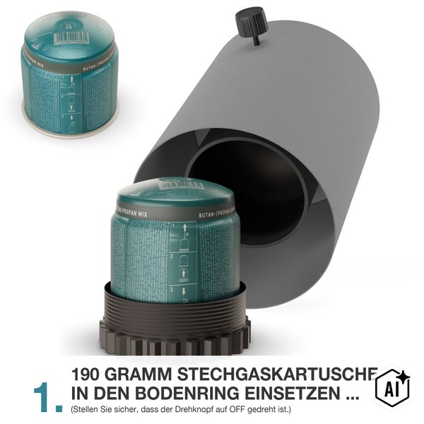 Einsetzen einer 190 Gramm Butan Propan Gaskartusche in den Bodenring eines Gaskochers mit Drehknopf zur Bedienung.