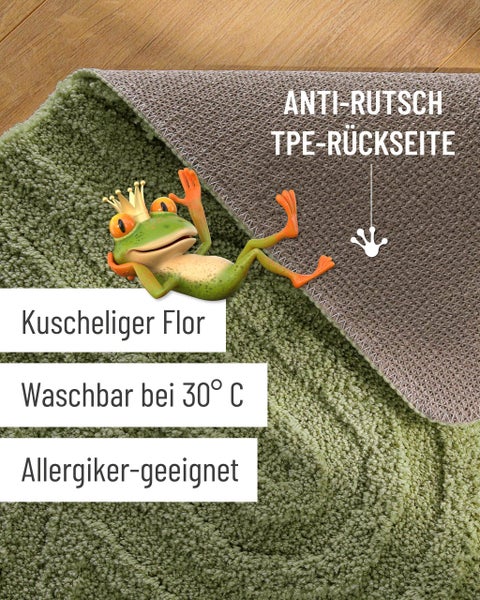 Badematte mit weichem Flor und rutschhemmender TPE-Rückseite, waschbar bei 30 Grad Celsius und für Allergiker geeignet.