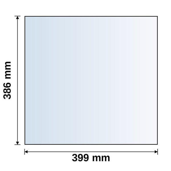 Maßzeichnung einer rechteckigen Scheibe mit den Maßen 386 Millimeter Höhe und 399 Millimeter Breite.