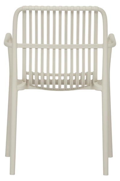 Gartenstuhl aus Kunststoff mit Rückenlehne in Lattenoptik und Armlehnen in der Rückansicht.