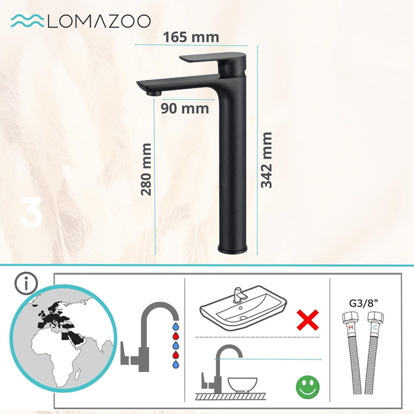 Lomazoo Waschtischarmatur mit Maßangaben für Aufsatzwaschbecken und G drei Achtel Zoll Anschlussschläuchen.