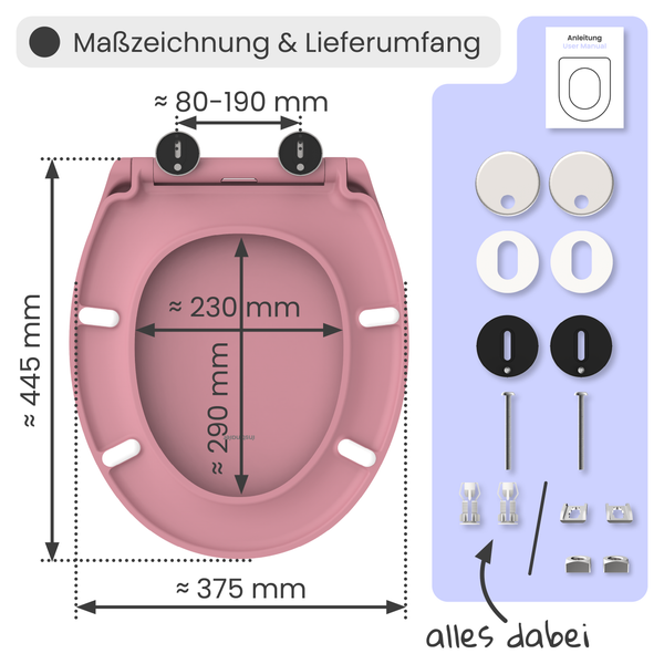 Maßzeichnung und Lieferumfang eines Toilettendeckels mit den Maßen 445 x 375 mm und einer Montageanleitung.
