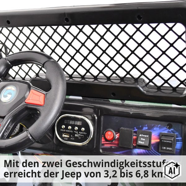 Hecht Kinder Elektroauto Jeep mit Tarnmuster und Scheinwerfern