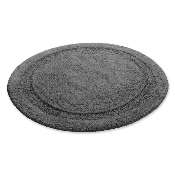 Runder grauer Badeteppich mit weicher Oberfläche und strukturierter Bordüre.