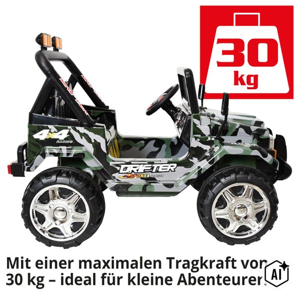 Innenansicht eines Kinder Elektroautos mit Lenkrad, Armaturenbrett und Gaspedal, zwei Geschwindigkeitsstufen von 3,2 bis 6,8 Kilometer pro Stunde.