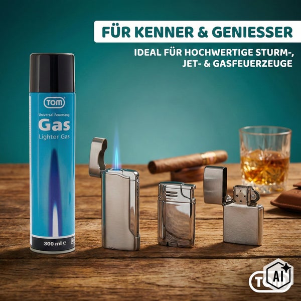 TOM Universal Feuerzeuggas 300 Milliliter Dose mit verschiedenen Gasfeuerzeugen auf einem Holztisch, TOM Logo.