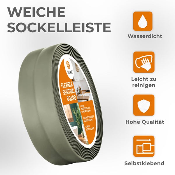 Rolle einer weichen, selbstklebenden Sockelleiste von Quest mit Symbolen für wasserdicht, leicht zu reinigen, hohe Qualität und selbstklebend.