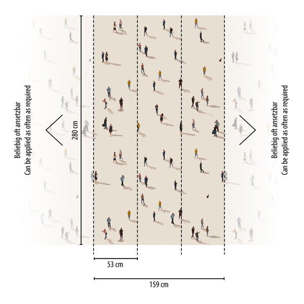 Tapete mit Menschenmuster, Höhe 280 Zentimeter, Breite 159 Zentimeter, 3 Bahnen von je 53 Zentimeter, beliebig oft ansetzbar.