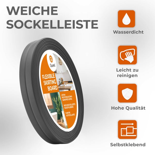 Flexible, selbstklebende Sockelleiste als Rolle mit Symbolen für Wasserdichtigkeit, einfache Reinigung, hohe Qualität und Klebebefestigung.