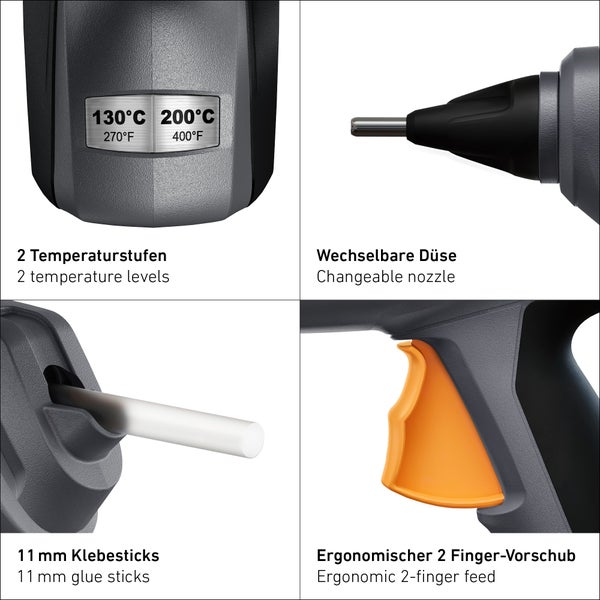 Detailansicht einer Heißklebepistole mit zwei Temperaturstufen, wechselbarer Düse, 11 Millimeter Klebesticks und ergonomischem 2 Finger Vorschub.