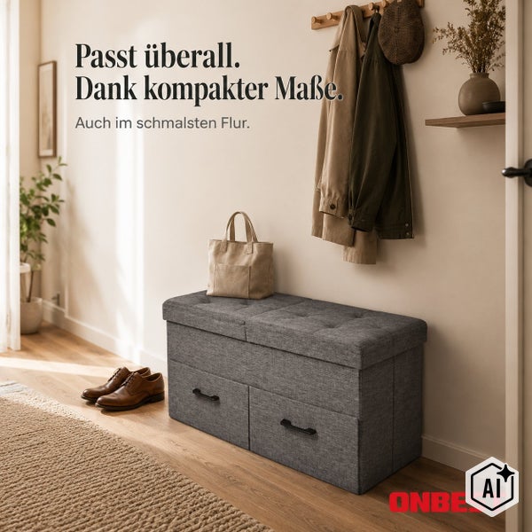 Eine gepolsterte Aufbewahrungsbank mit zwei Schubladen in einem modern eingerichteten Flur mit Garderobe.