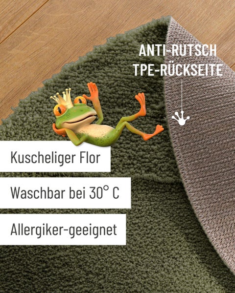 Grüner Badteppich mit weichem Flor und rutschfester TPE-Rückseite, waschbar bei 30 Grad und für Allergiker geeignet.
