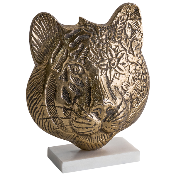 Dekorative Tigerkopf-Skulptur auf einem Sockel