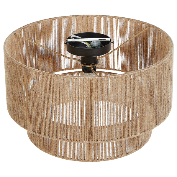 Zweistufige Deckenleuchte aus naturfarbener Jute mit schwarzer Metallhalterung.
