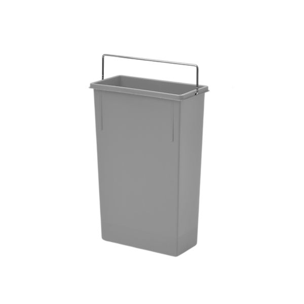 Rechteckiger grauer Abfalleimer aus Kunststoff mit einem Metallbügel.