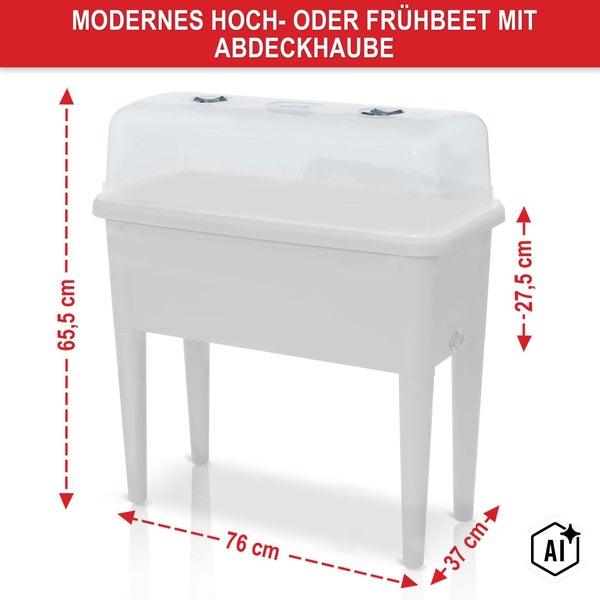 Modernes Hochbeet oder Frühbeet mit transparenter Abdeckhaube, inklusive Maßangaben für Garten und Balkon.