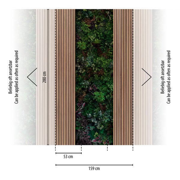 Fototapete mit Holzlatten und künstlichen Pflanzen, 280 Zentimeter hoch, beliebig oft ansetzbar, Breite pro Bahn 53 Zentimeter.