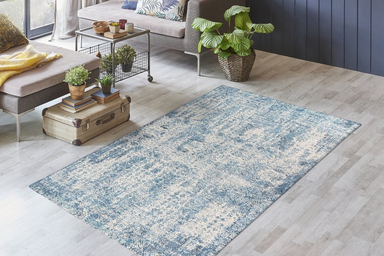 Kurzflor Teppich Florent Blau Vintage, Used-Look 80 x 150 cm