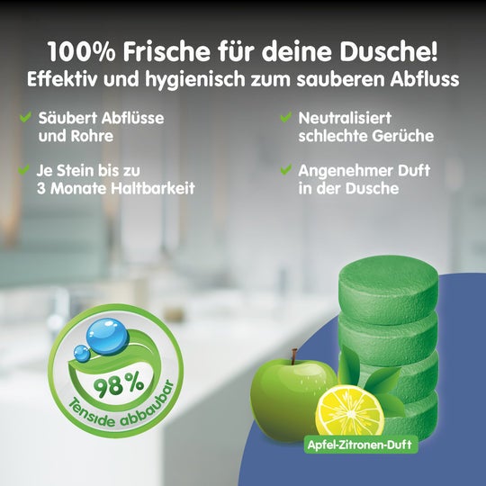 Infografik für Abflussreiniger-Tabs mit Apfel-Zitronen-Duft, reinigt Rohre, hält bis zu 3 Monate, 98 Prozent abbaubare Tenside.