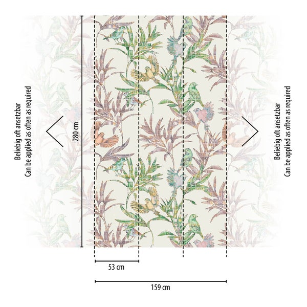 Fototapete mit Vogel- und Blaettermotiv, Masse 280 Zentimeter Hoehe, 53 Zentimeter Bahnbreite, beliebig oft ansetzbar fuer nahtloses Muster.