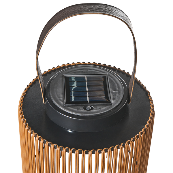 Solarleuchte mit integriertem Solarpanel, Ein-Ausschalter, Tragegriff und braunem Drahtgeflecht.