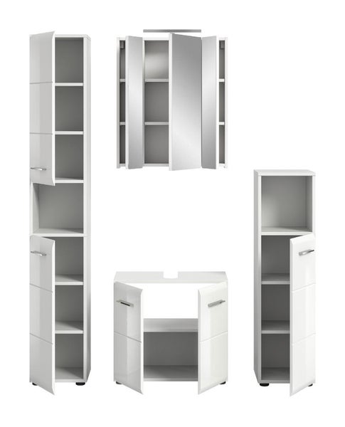 Badezimmermöbel-Set in Weiß: Hochschrank, Spiegelschrank, Waschbeckenunterschrank und Midischrank mit Türen und offenen Fächern.