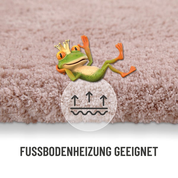 Hochflor-Teppich mit dem Hinweis geeignet für Fußbodenheizung.
