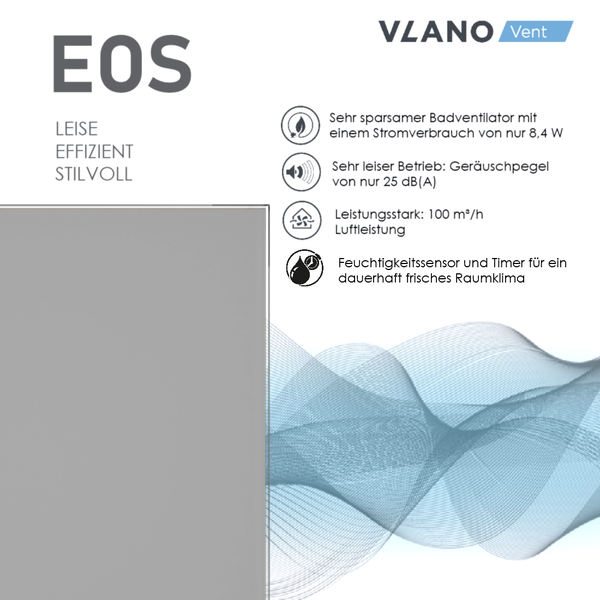 Vlano Vent Logo. Infografik EOS Badventilator: 8,4 Watt, 25 Dezibel, 100 Kubikmeter pro Stunde Leistung, Feuchtigkeitssensor und Timer.