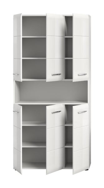 Weißer Hochschrank mit sechs Türen und einem offenen Fach in der Mitte. Die Türen sind geöffnet und zeigen die Einlegeböden im Inneren.