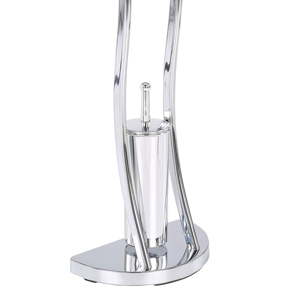 Stand-WC-Garnitur aus verchromtem Metall mit Bürstenhalter und geschwungenem Rahmen auf einem halbkreisförmigen Fuß.